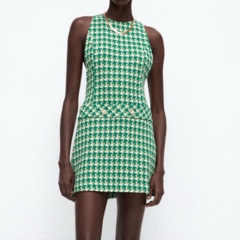 Zara Green Houndstooth Tweed Pinafore Mini Dress Sleeveless Textured Cotton XS